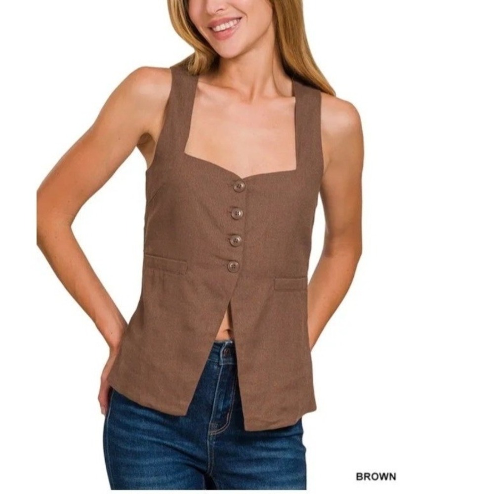 Zenana Brown‎ Linen blend Tie Back 4 Button Sleeveless Square Neck Vest Small